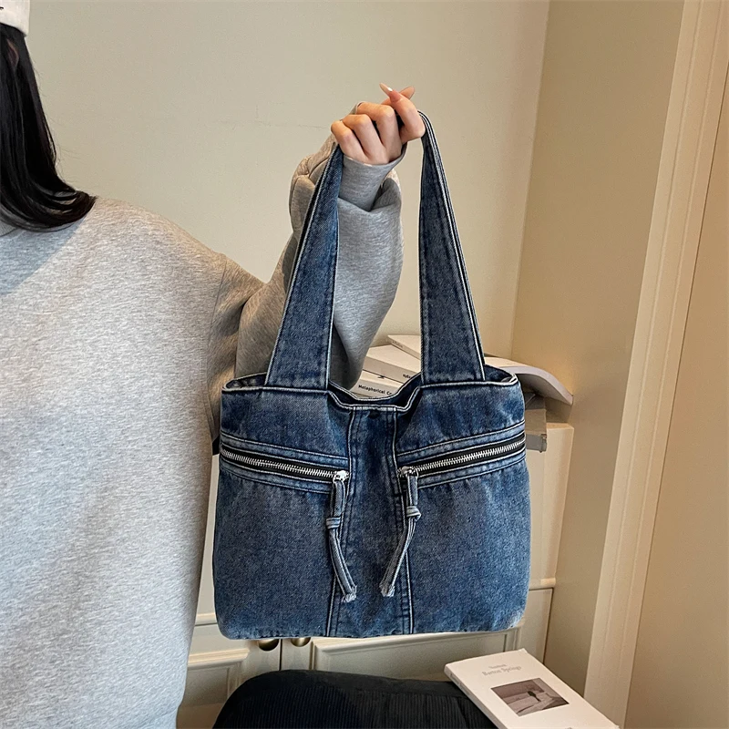 

Джинсовая тканевая квадратная сумка, женская новая модная повседневная сумка на одно плечо, большая вместительная однотонная сумка для студенческого класса