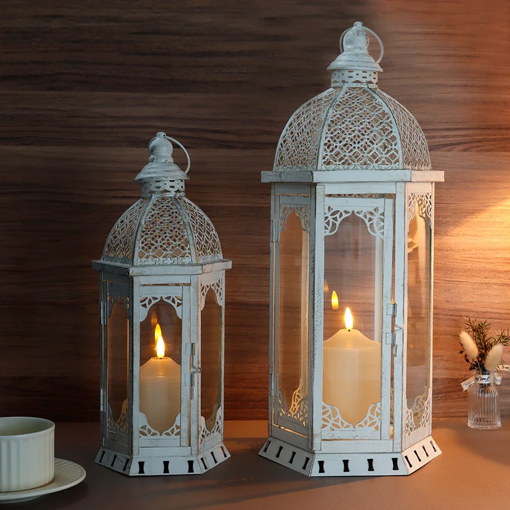 Tower Shape Vintage White Candle Lantern Metal Hollow Lanterns for Indoor Weddings Outdoor Garden Decoration