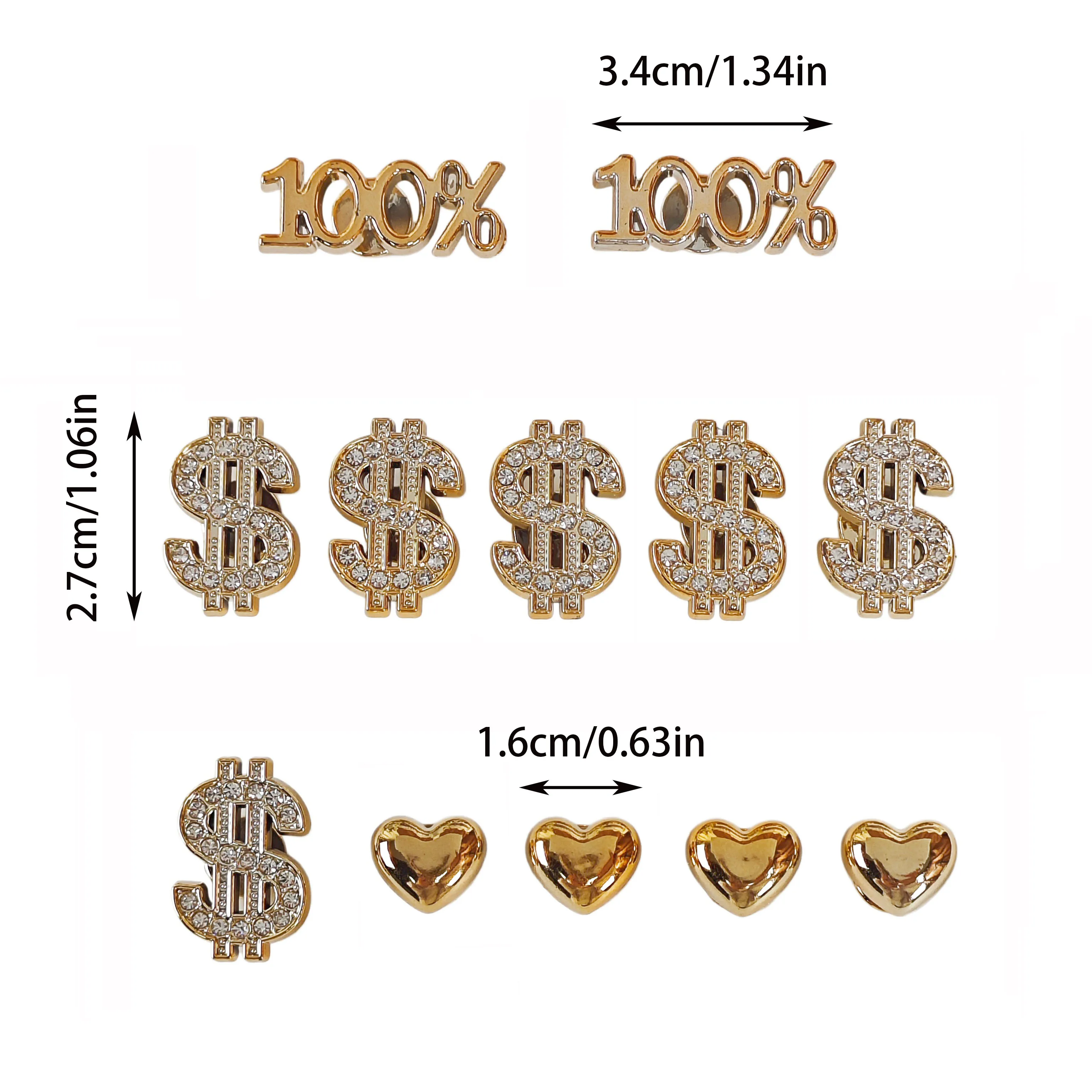 12Pcs DIY Shoe Decoration Charms Shiny Dollar Sign, Percentage Sign, Heart Decoration Buckle, Non-Metal Lightweight Material, Y2K Fashion Versatile Cute Personality Style for Men and Women, Suitable for Eva Beach Shoes, Sandals, Removable Shoe Decoration, Holiday Gift