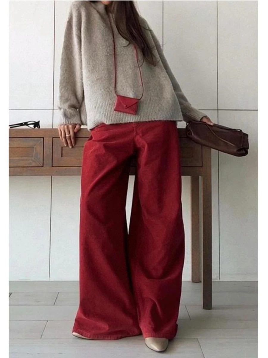 سراويل RORIRI باللون الأحمر الداكن المخملي للنساء بخصر عالٍ وواسعة الساق سراويل قصيرة فضفاضة للنساء ملابس الشارع سراويل طويلة سراويل شتوية