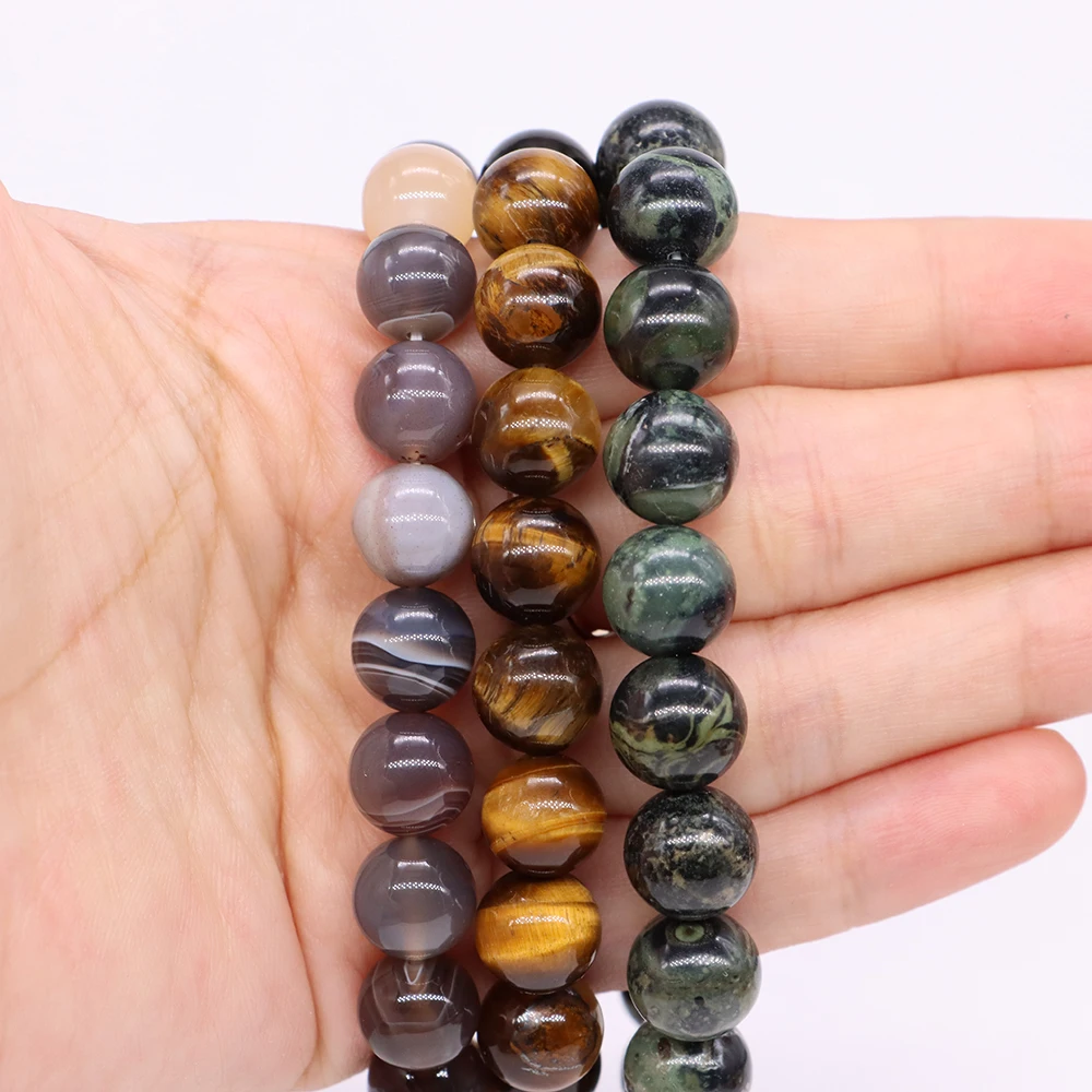 1pc Polished Round Beads Bracelet Natural Stones Tiger Eye Volcanic Lava Amethyst Healing Crystal Wrist Chain Women Men Jewelry