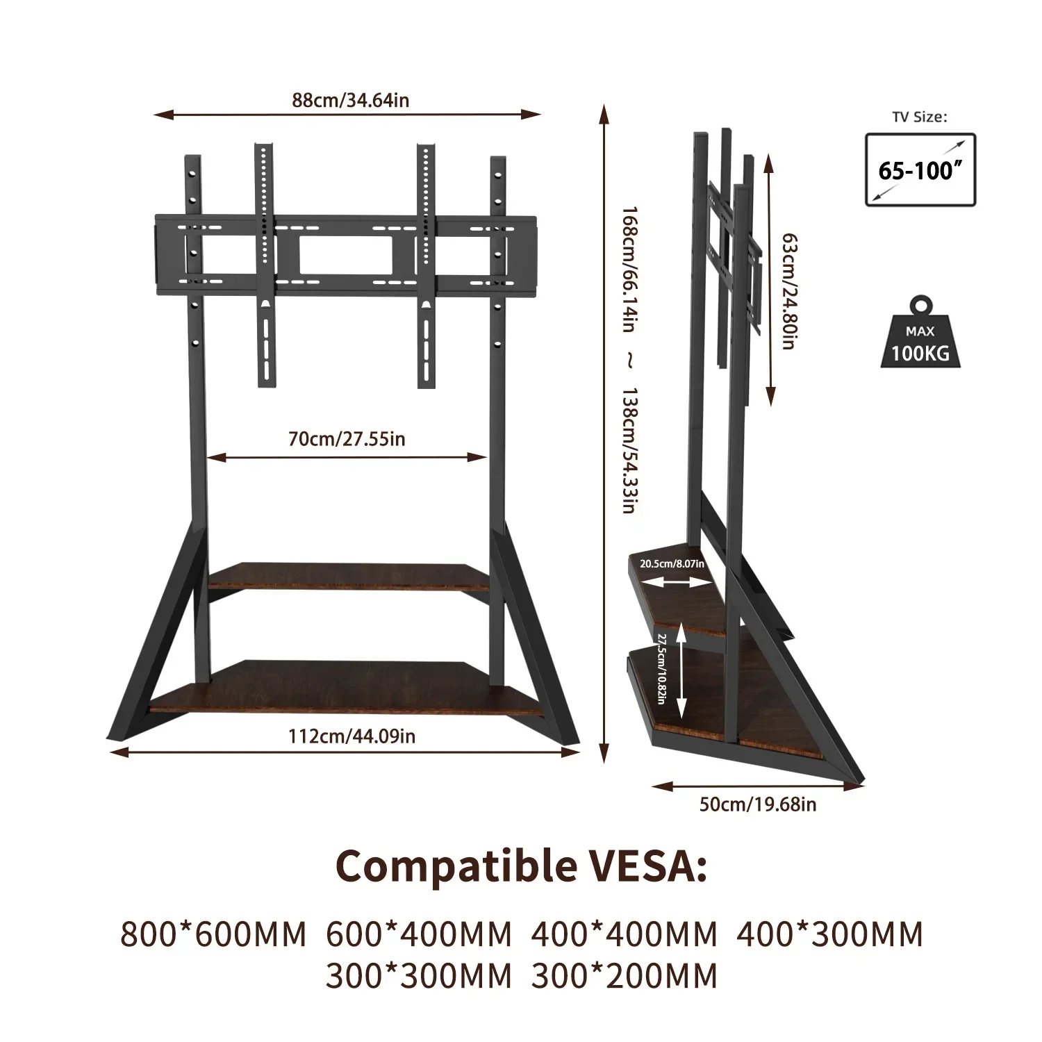 TV Floor Stand with 2 Tier Wood Shelves Height Adjustable TV Mount Stand for 65-100 Inch LCD LED TV