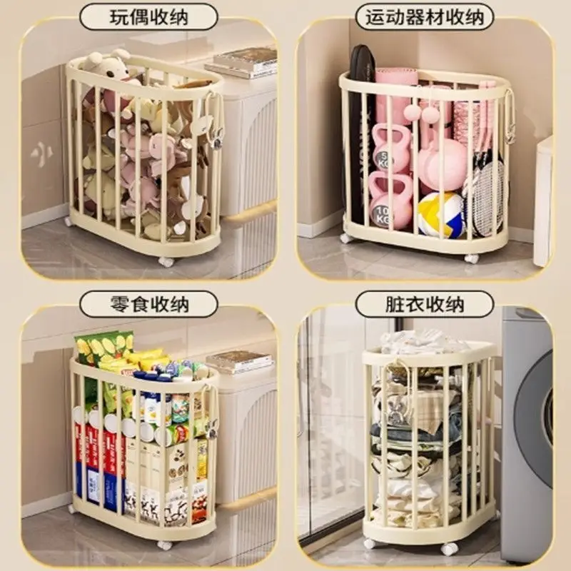 Beige Rolling Laundry Basket With Wheels, 2-Compartment Dirty Clothes Hamper, Breathable Hollow Design Storage Bin For Bathroom
