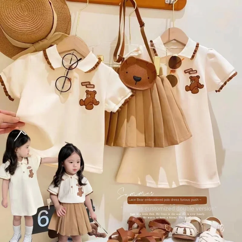 New Summer Korea Kids Clothes for Girls Cute Bear Polo T-shirt + Pleated Skirt 2 Piece Suit Baby Girls Strawberry Polo Dress