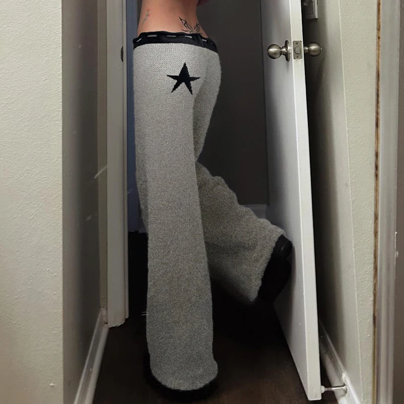 

BIIKPIIK Star Patchwork Knitwear Casual Pants Streetwear Y2K Contrast Color Wide Leg Pants Basic Homewear Women Trousers Autumn