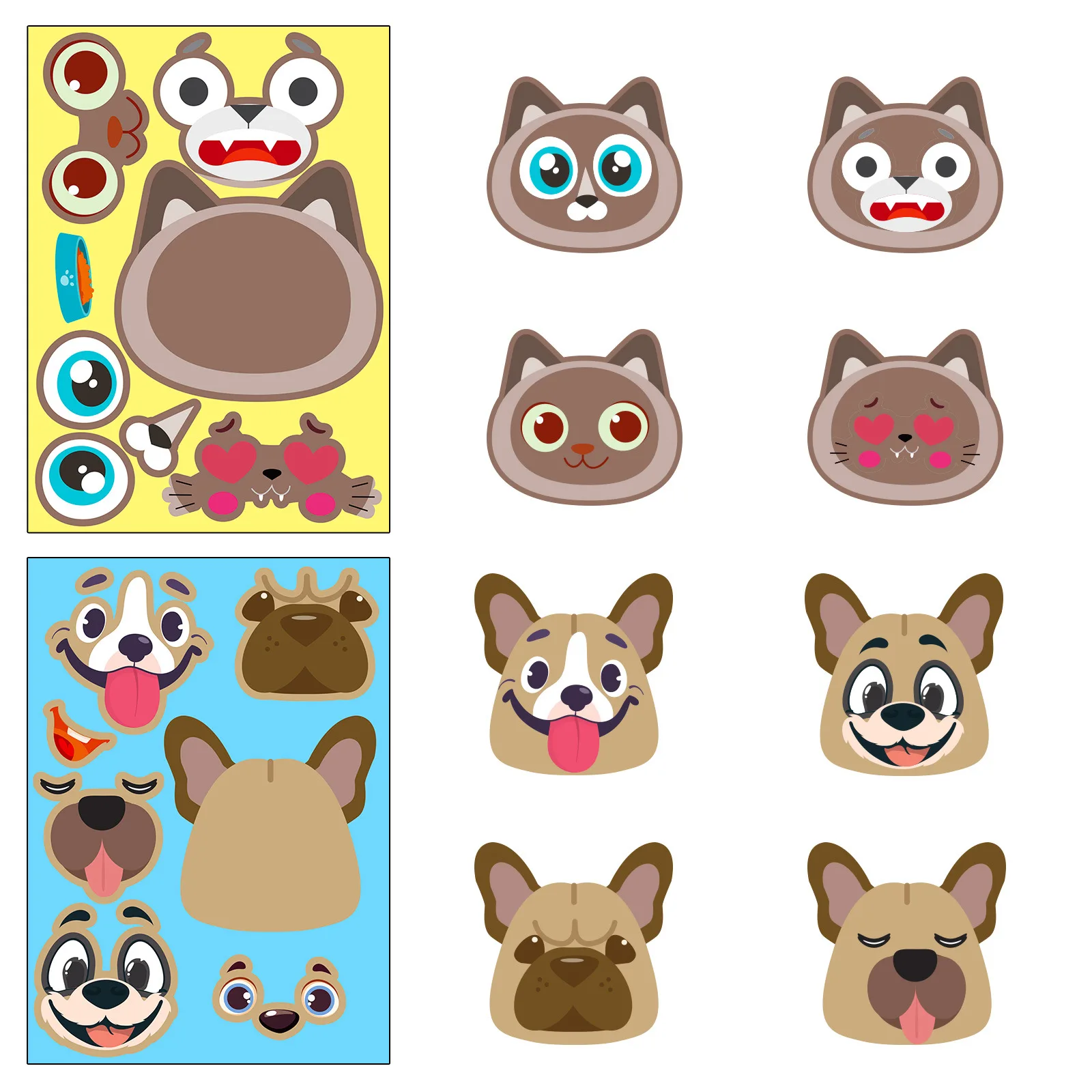6 pcs cute cat and dog DIY puzzle stickers, funny face dressing, assembling puzzle stickers, children\'s puzzle toys