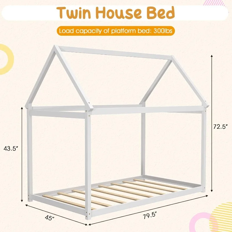 WhiteTwin House Bed Wood Montessori Bed Frame with House Roof Canopy Low Floor Bed with Sturdy Wood Slat Support