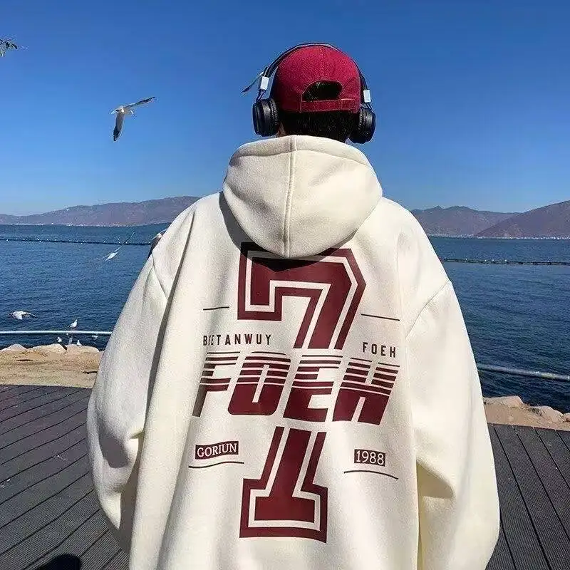 

2025 New Korean Style Oversized Hooded Men's Cotton Hoodies Unisex Autumn Loose Basic Solid Letter Prind Sweatshirts Pullovers