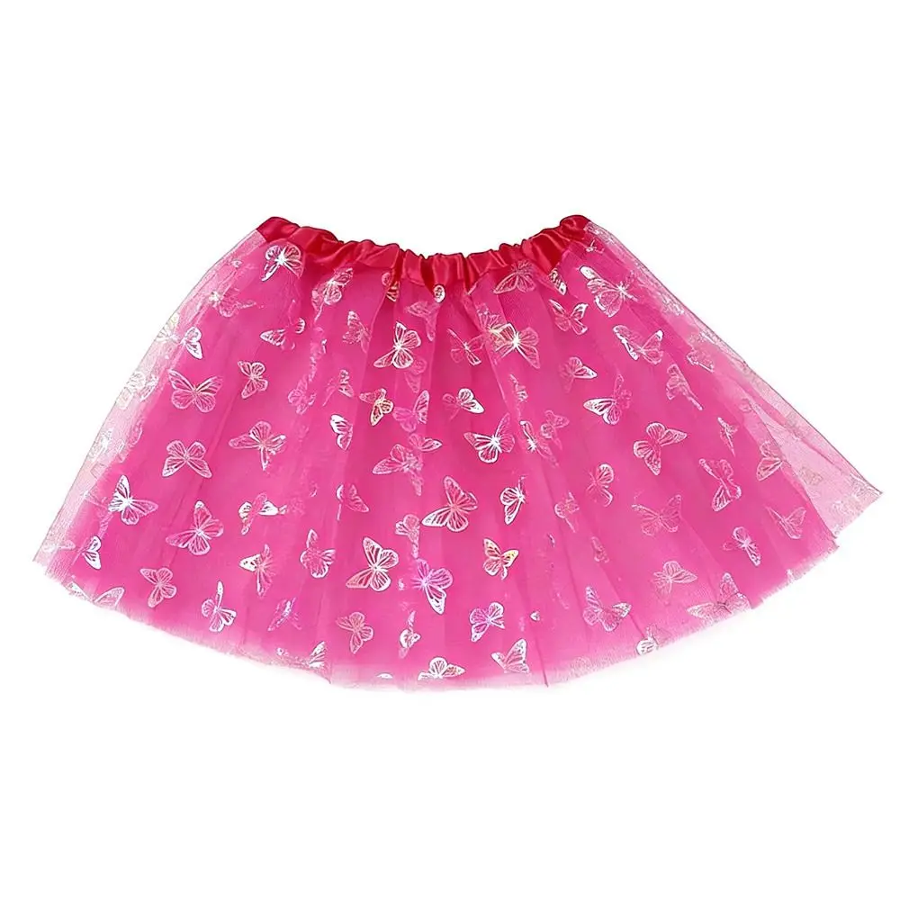 Girl Butterfly Print Tulle Skirt Three-Layered Elastic Waist Dance Costume A-Line Short Polyester Fiber Net Gown Children Dance