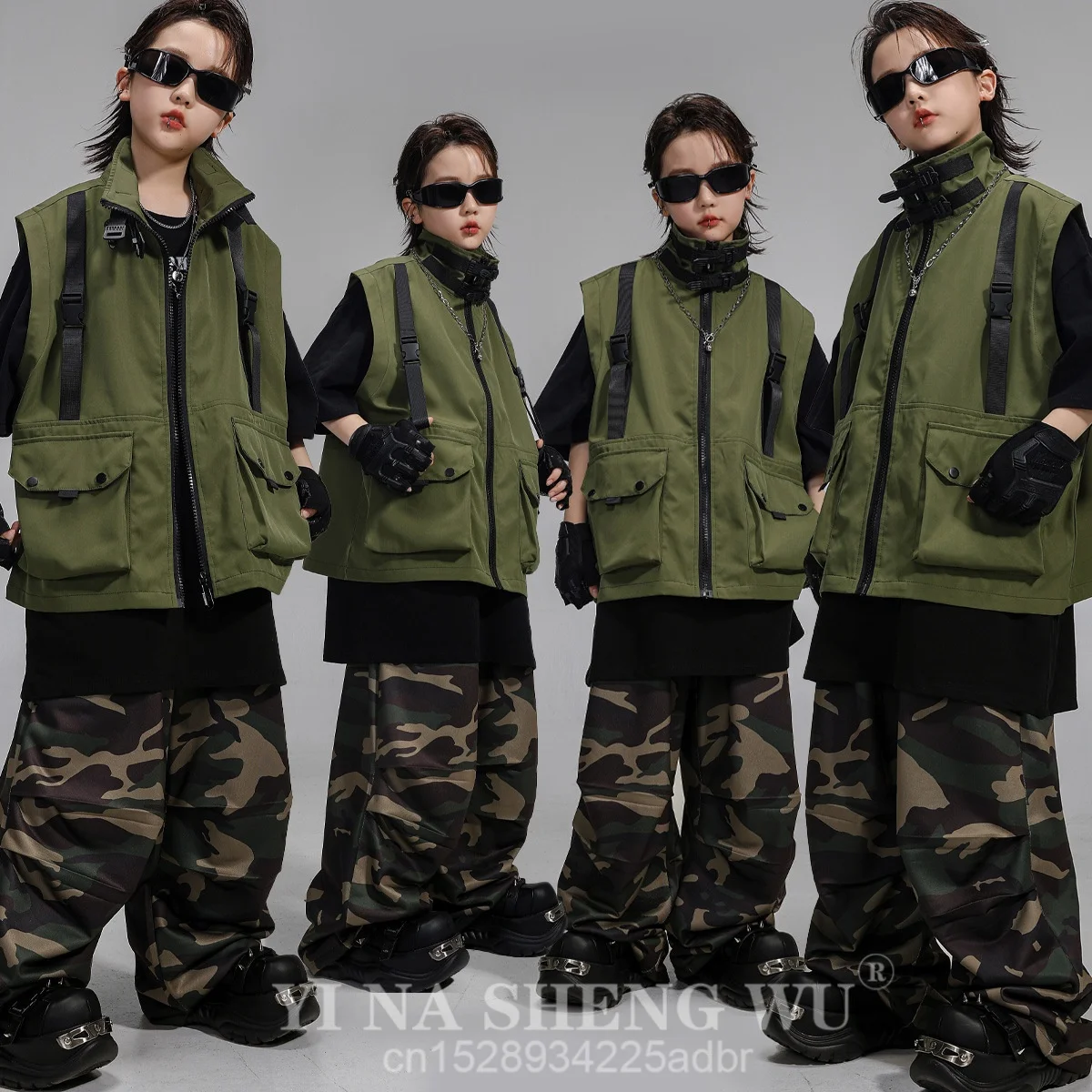 Camiseta de Hip Hop para niños, chaleco verde, pantalones de camuflaje para niñas, disfraz militar de baile callejero k-pop, ropa de calle para niños, ropa de Jazz para chico
