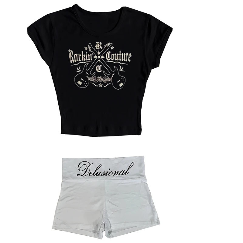 

Y2k 2025 Spring/Summer Latest Fashion Clothing Women's Slim fit Short sleeved Shorts Set T-shirt DIY Pattern Print