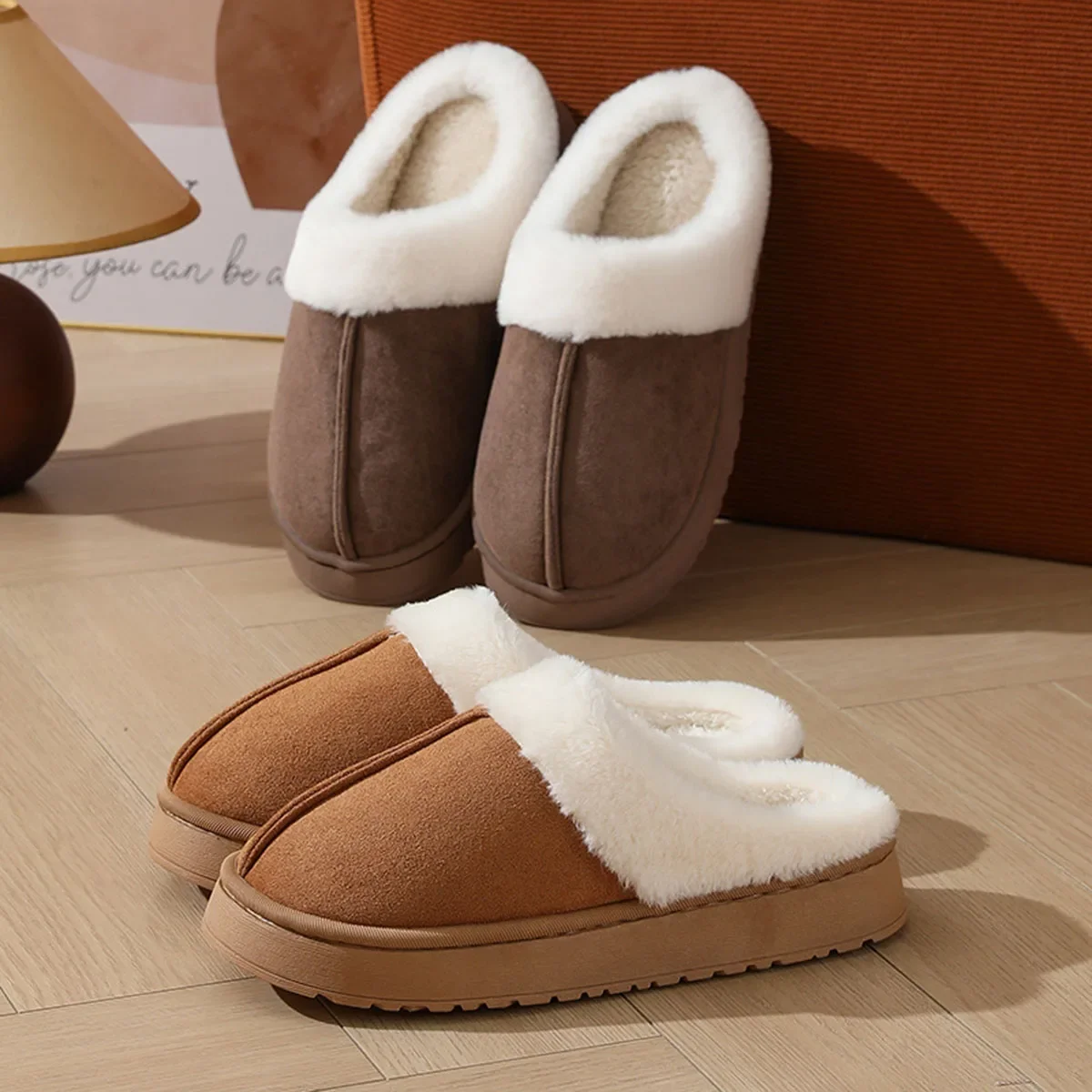 Women's Plush Slippers Winter Outdoor Thick Sole Non-slip Fur Flip Flops With Fur Collar Warm Unisex House Shoes For Home Use