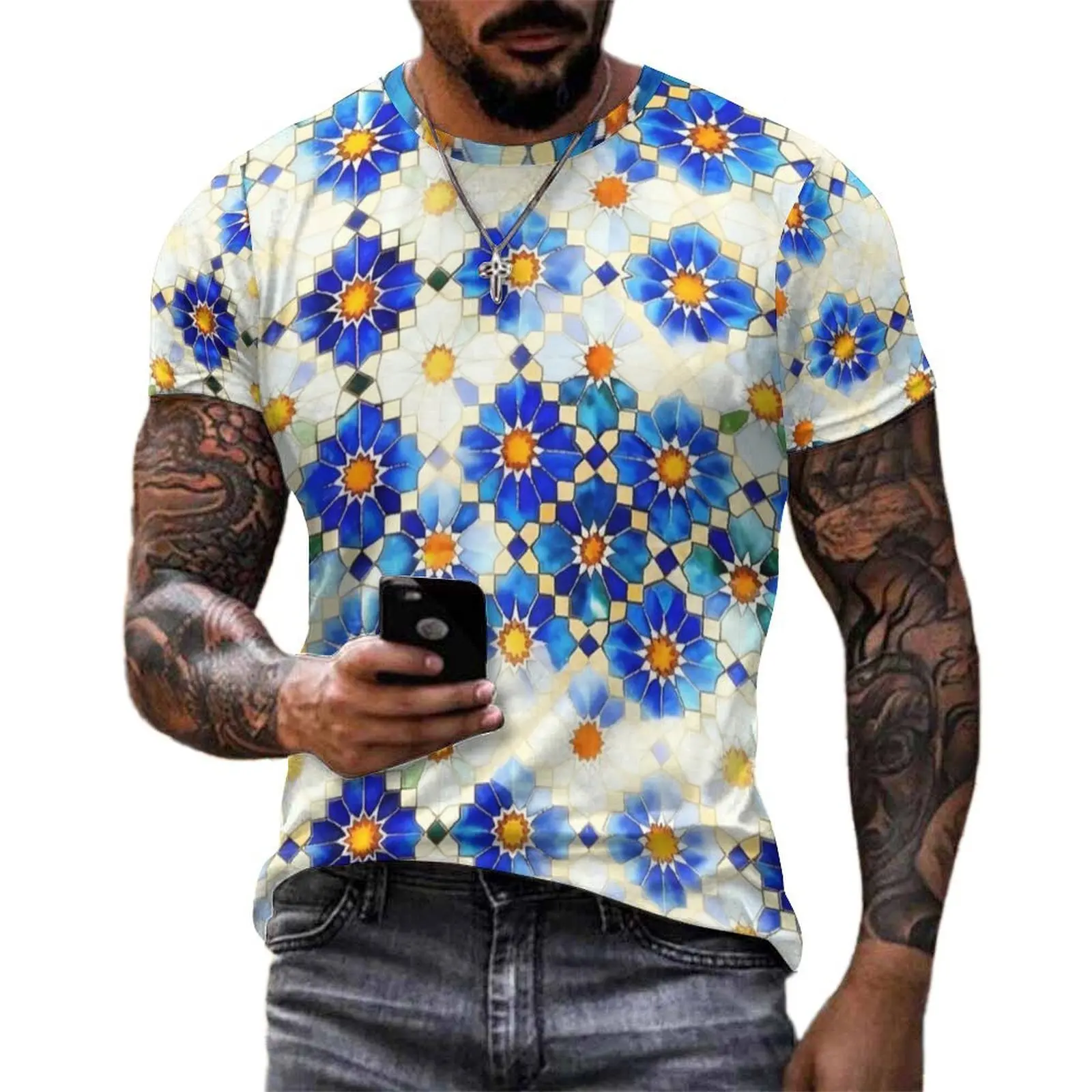 Man Blue White Islamic Star Tile T-Shirt Harajuku T-Shirts Short Sleeves Printed Tops Hot Sale Summer Y2K Plus Size Top Tees