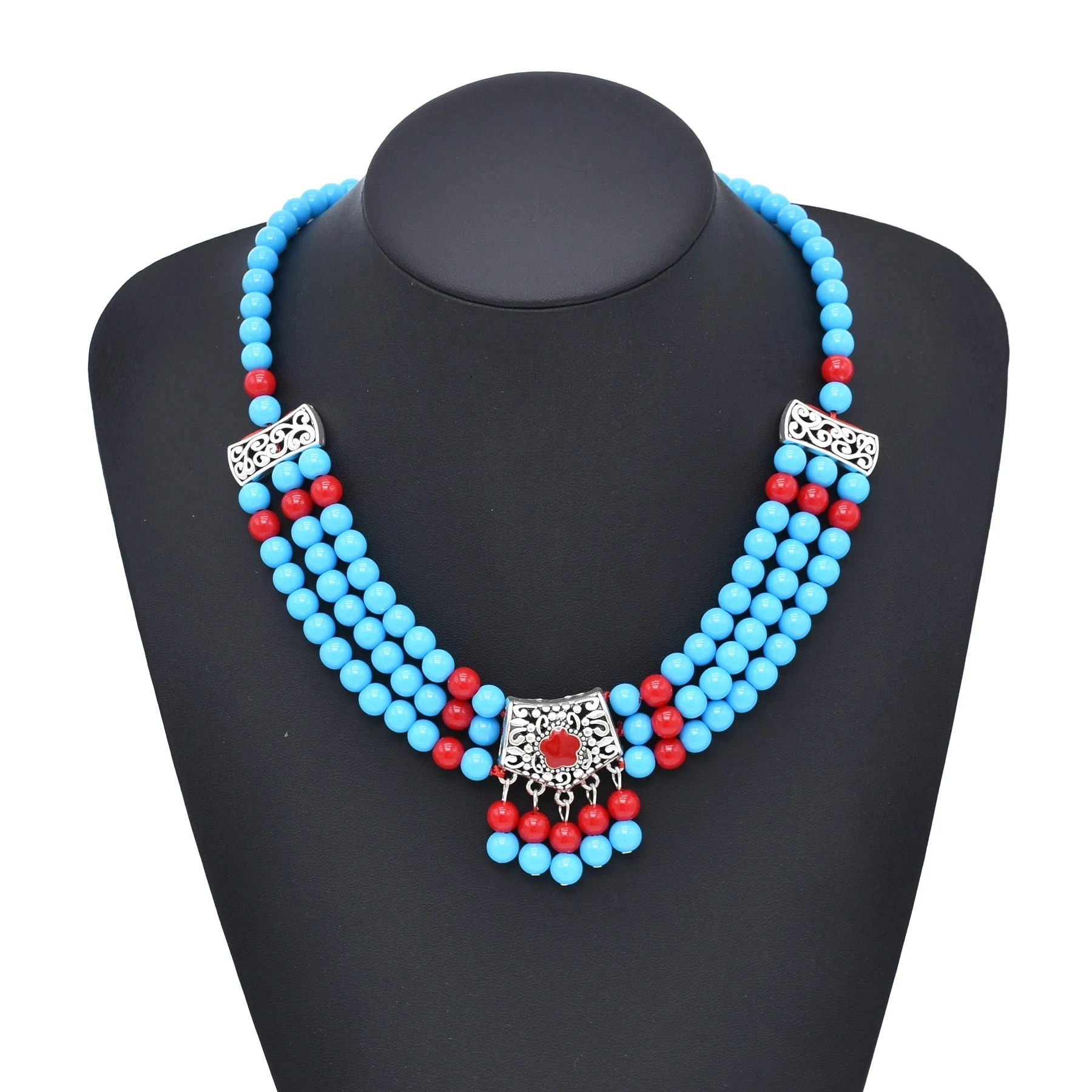 Red Blue Beads Necklace Earrings for Women Retro Bohemian Mongolian Tibetan Ethnic Tribal Costumes Dance Party  Jewelry Sets