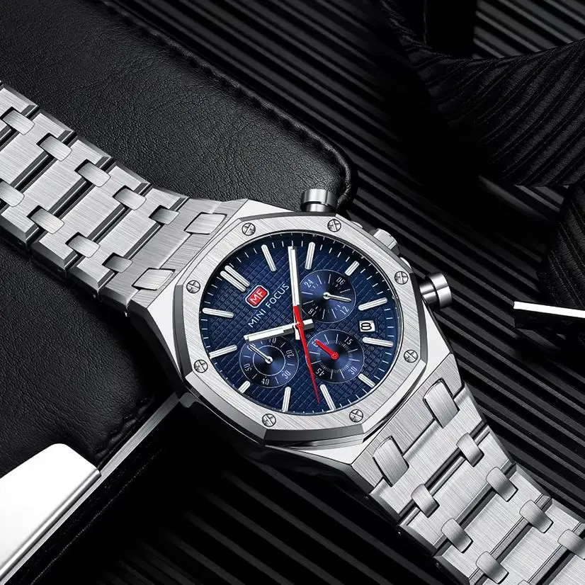 MINI FOCUS Business Men Watches (Chronograph/Waterproof/Luminous/Calendar/24 Hours)  Stainless Steel Band Watches for Men