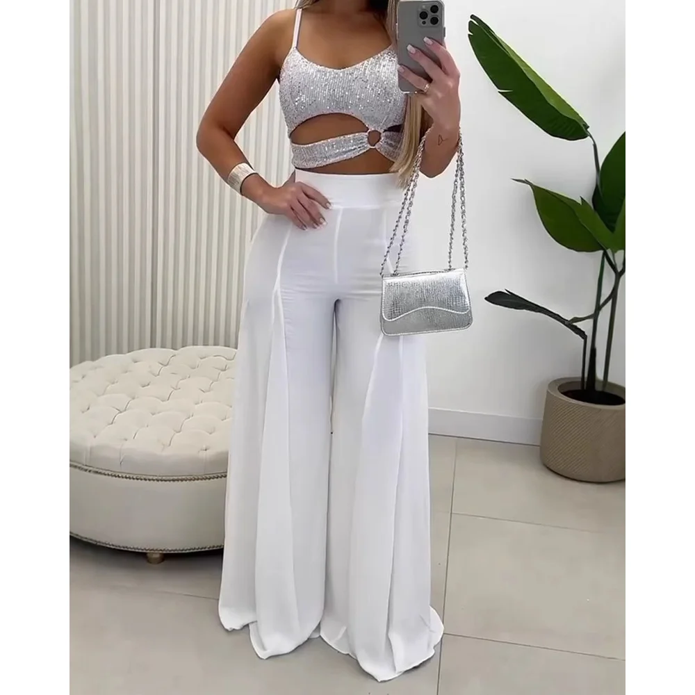 2-teiliges Damen-Outfit, schmale Passform, weites Bein, Hose, Spaghettiträger, Oberteil, lässig, elegant, Sommer, Frühling, passendes Set für Party, Urlaub