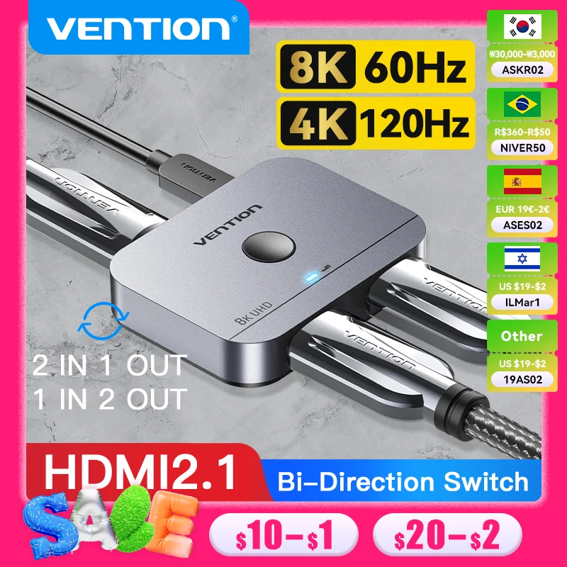 Vention HDMI Switcher 8K Bi-Direction 2.1 HDMI Switch 1x2/2x1 Adapter 2 in 1 Out Converter for PS4/5 Xiaomi TV Box HDMI Splitter