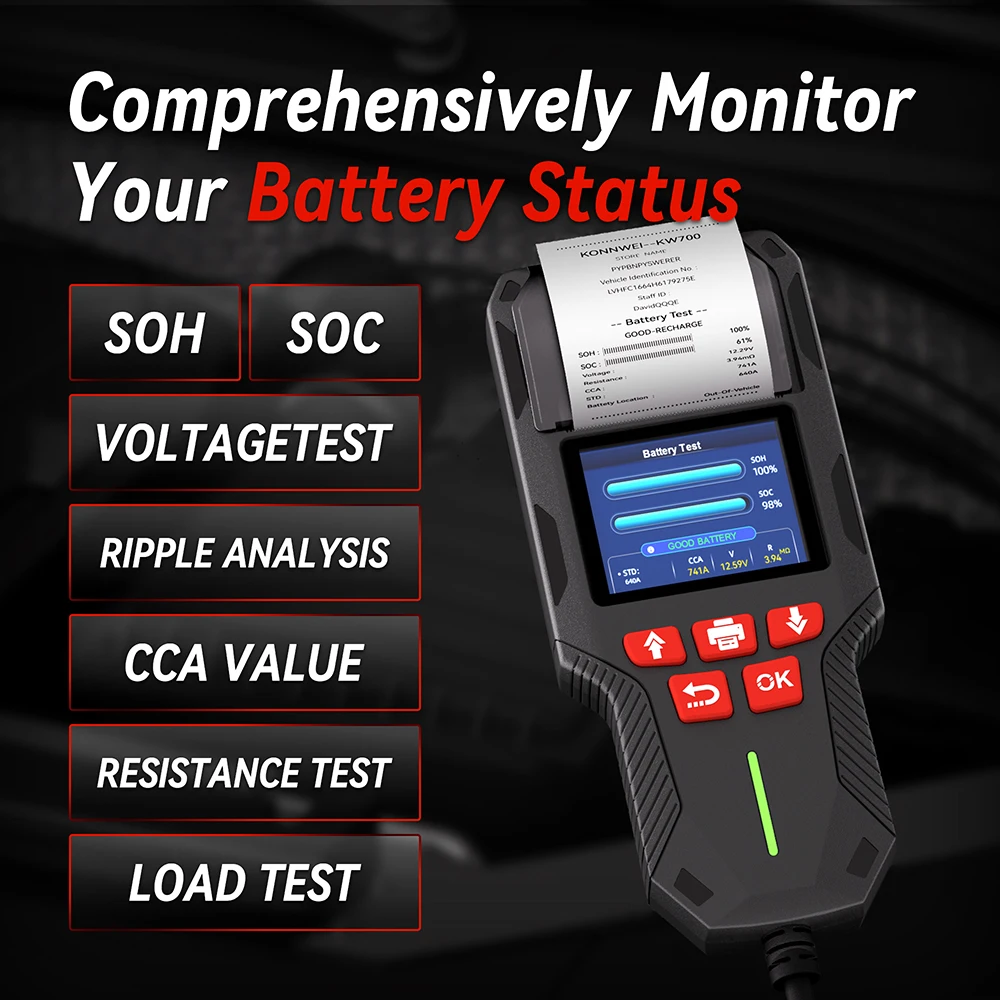 KONNWEI KW700 Car Moto Battery Tester 12V 24V With Print Function Battery Health Analyzer Cranking Charging Test Tool 10-2000CCA