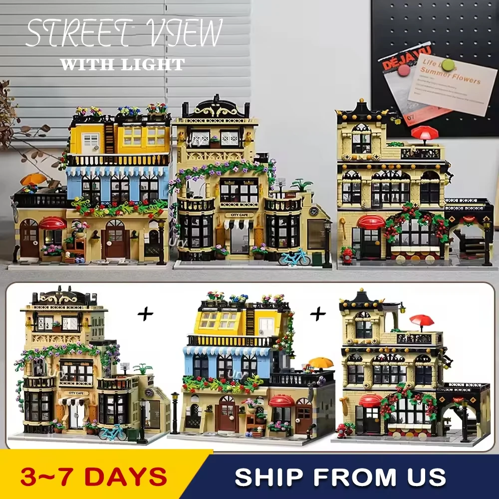 

In stock City Street View Modular Coffee Restaurant Retro House with LED Light MOC Architecture Building Block Sets Toys Kids
