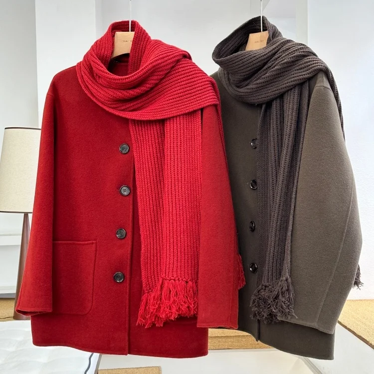

Double-Sided Woolen Christmas New Year Red Atmosphere Scarf Medium-Length Women's Coat Jacket Simple Style Online Exclusive Sale