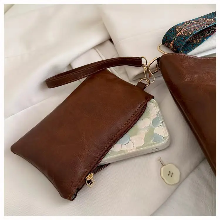 Damen-Eimer-Einkaufstaschen-Set aus Retro-PU-Material, verstellbarer breiter Riemen für den täglichen Bedarf, mit modischem Reißverschluss und Polyesterfutter – Detail 17