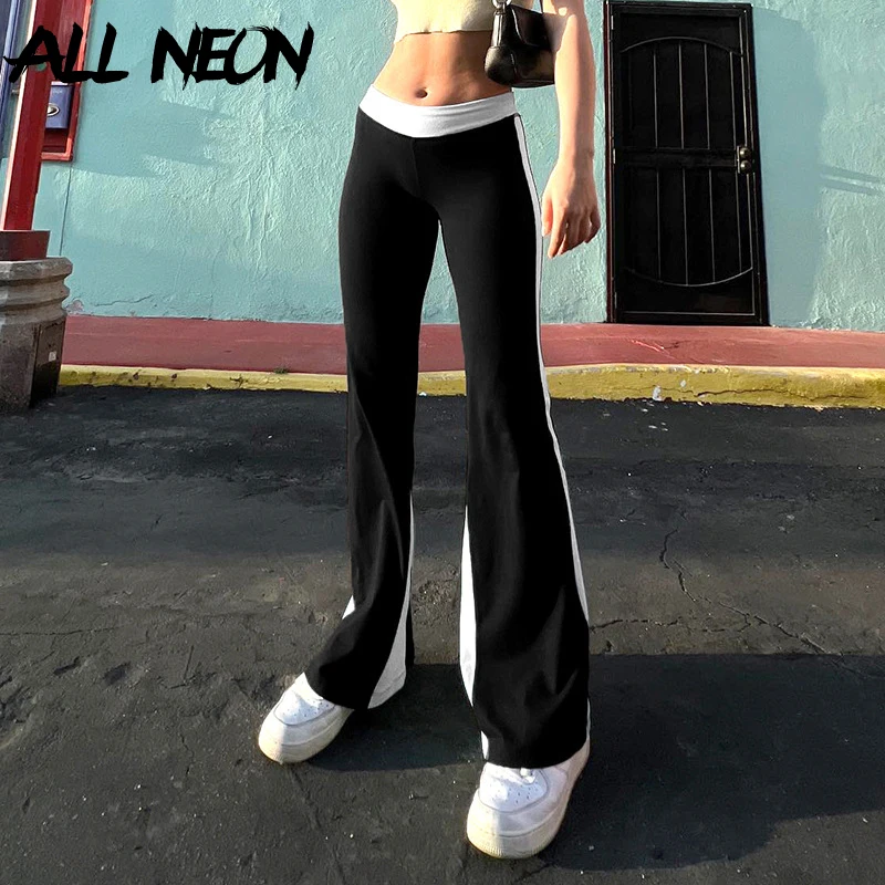 

ALLNeon Sporty Bottoms 2025 Acubi Fashion Patchwork Low Waist Trousers E-girl Streetwear Slim Cyber Y2K Women Casual Flare Pants