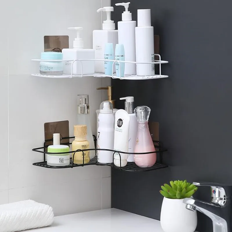 Bathroom Storage Shelves, Wall Mounted Triangle Shelf with Towel Bar, Punch-Free Shower Caddy for Bathroom Corner