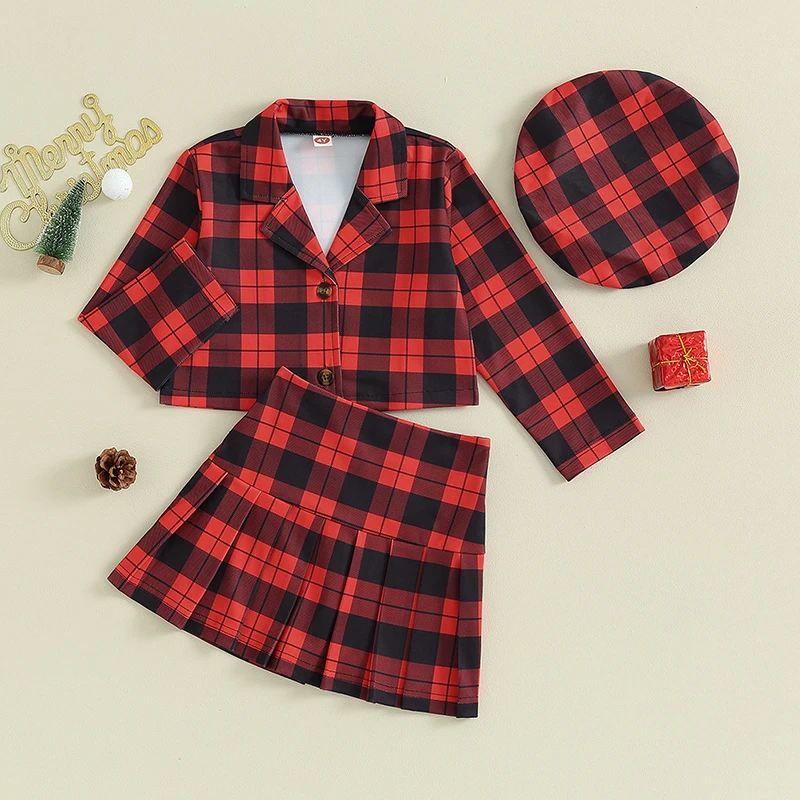 

3Pcs Kids Girl Christmas Outfits Plaid Turn-Down Collar Long Sleeve Coat Mini Pleated Skirts Beret Cap Fall Xmas Clothes Set