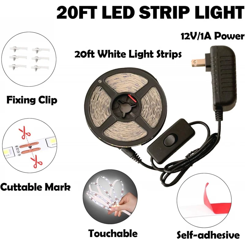 طقم شريط إضاءة LED أبيض بطول 20 قدم، 6500 كلفن، 360 شرائط مرنة قابلة للقص لغرفة النوم والمطبخ تحت كابي