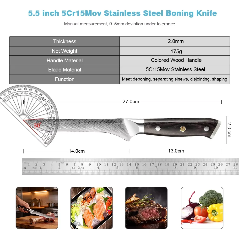 XITUO 5.5 Inch Boning Knife & Fillet Knife, 5Cr15 Stainless Steel with Laser Pattern Blade, Full Tang Wood Handle Kitchen Knife