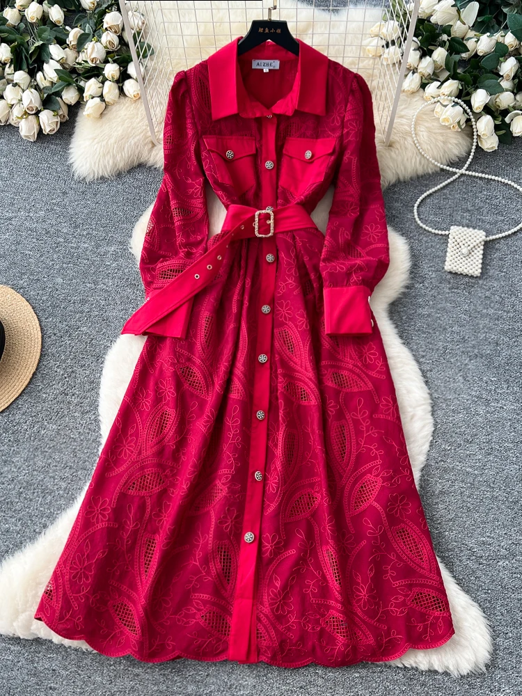 

Spring Autumn French Retro Collar Long Sleeve Single Breasted Long Sleeve Dress with Hollow Embroidery Birthday Party Dress S210