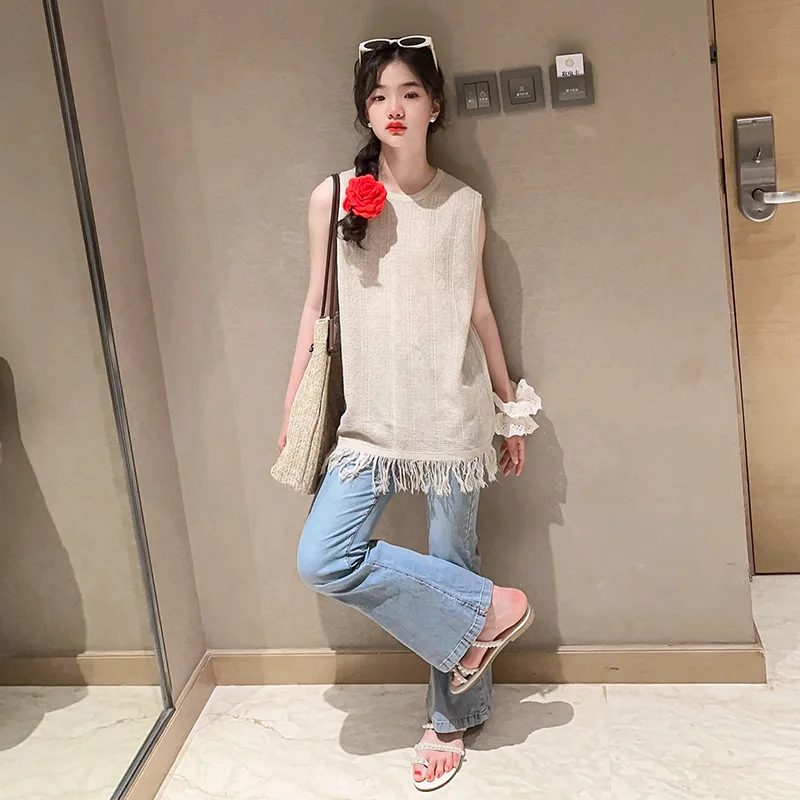 

Girls Top Summer Wear Loose Foreign Style Knitted Fringe T-shirt 2024 New Children Summer Casual Korean Version Vest Top