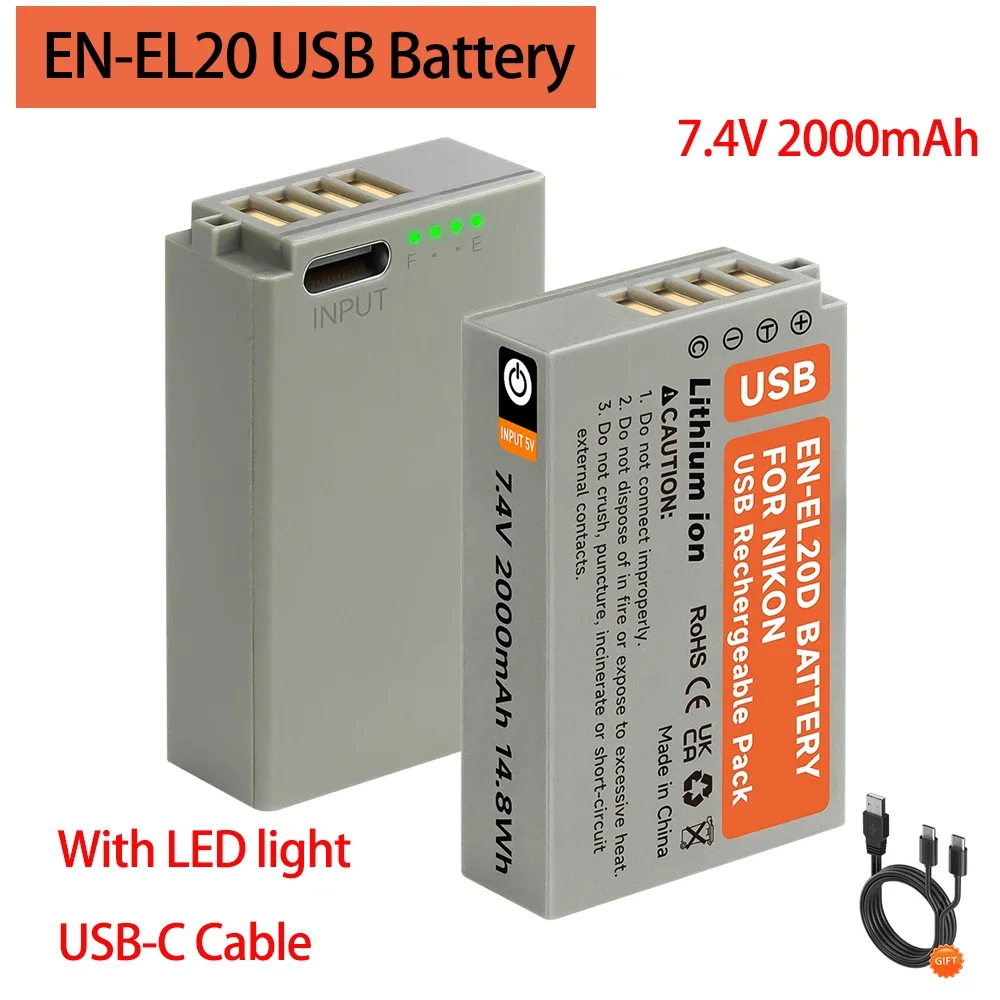 2000mAh EN-EL20 EN-EL20a Battery with Type-C Input EN EL20 Battery for Nikon Coolpix P1000 P950 1 J1 1 J2 1 J3 S1 V3 AW1 Camera