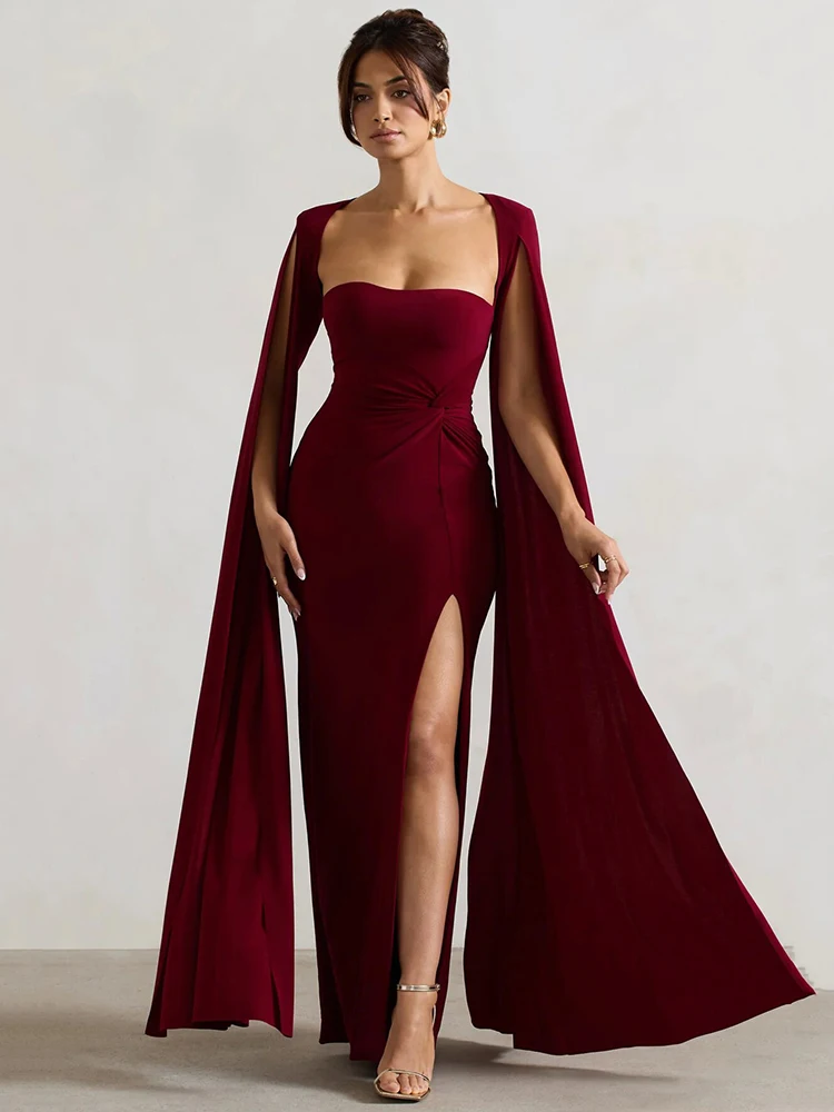 Mozision Long Cape Sleeve Split Maxi Dress For Women Gown Fashion Solid Square Collar Evening Sexy Long Dress Elegant New