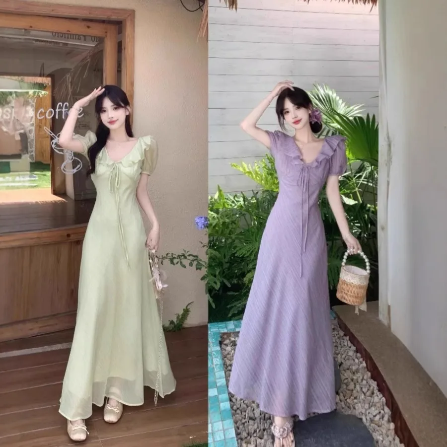

【New style】Gentle ruffled V-neck bubble sleeve dress for women's summer 2026 new style temperament lace waist waist texture lon