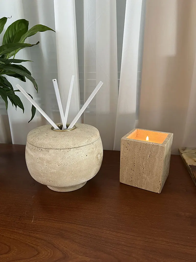 Vintage Wabi-Sabi Style Beige Travertine Diffuser Empty Jar Designer Incense Burner Candle Holder Decoration