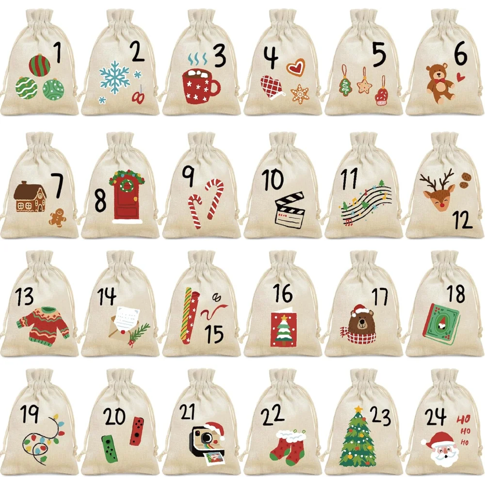 

24pcs Advent Calendar Present Bags Christmas Tree Ornament Countdown Home Wall Hanging Decoration Party Supplies Gift for Kids