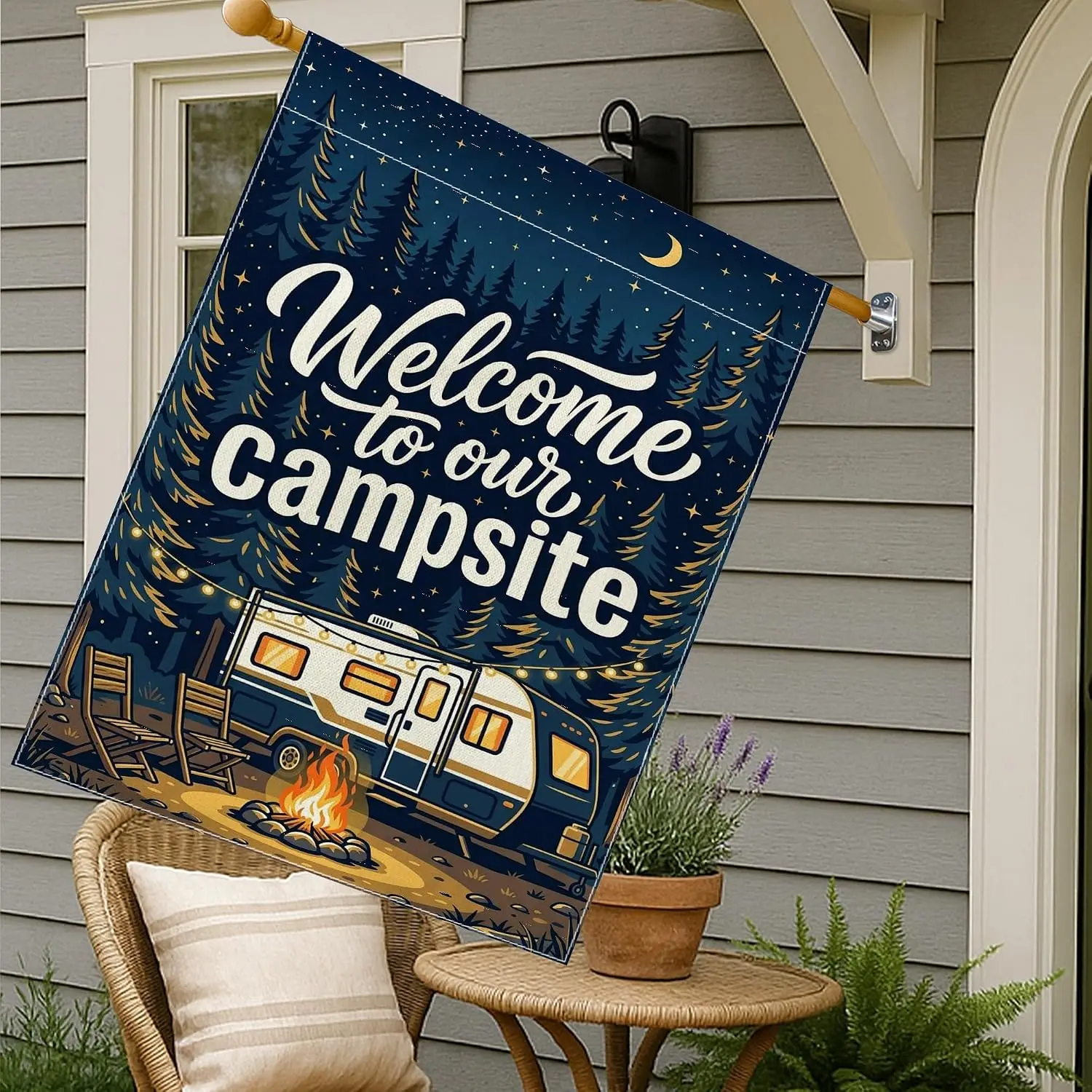 Campsite House Flag, Outdoor Rustic Tree Fire Summer Navy Double Sided Burlap Outside Large Garden Flag for Outdoor Patio Ya yyi