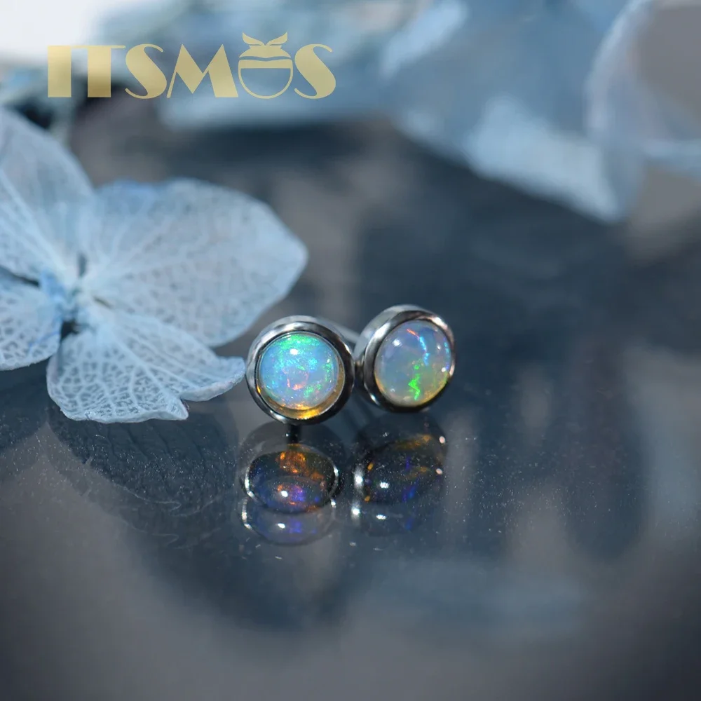 ITSMOS Natural Gemstone Opal 6mm Round Earrings Silver Post Lucky Hope Elf Studs Earring Lover Colorful Jewerly for Women Gift