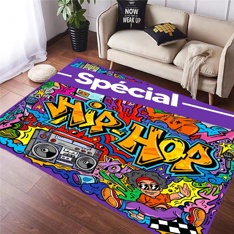 Colorful Hip Hop Graffiti Carpet Mat 90's Retro Street Music Rug for Living Room Studio Trendy Home Decoration Vintage Carpet