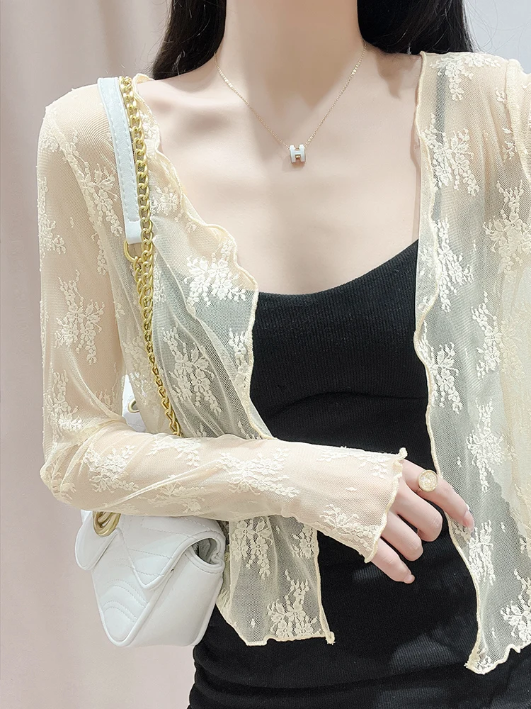 

Летний женский кардиган с длинными рукавами и кружевом, тонкий, дышащий, с открытыми плечами, сексуальный кружевной топ-накидка