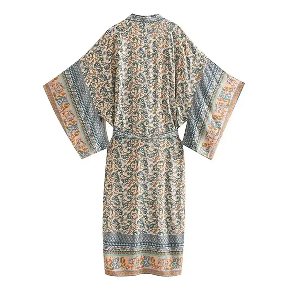 BOHO Women Beige Locate Floral Print Long Kimono Shirt Hippie Bandage Tie Bow Sashes Cardigan Loose Blouse Beach Tops Holiday