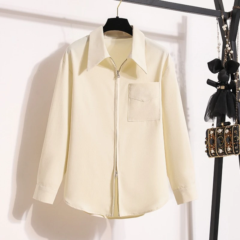 

2025 Spring Autumn New Korean Loose Temperament Casual White Long-Sleeved Blouse Zipper Plus Size Shirt Woman Clothing