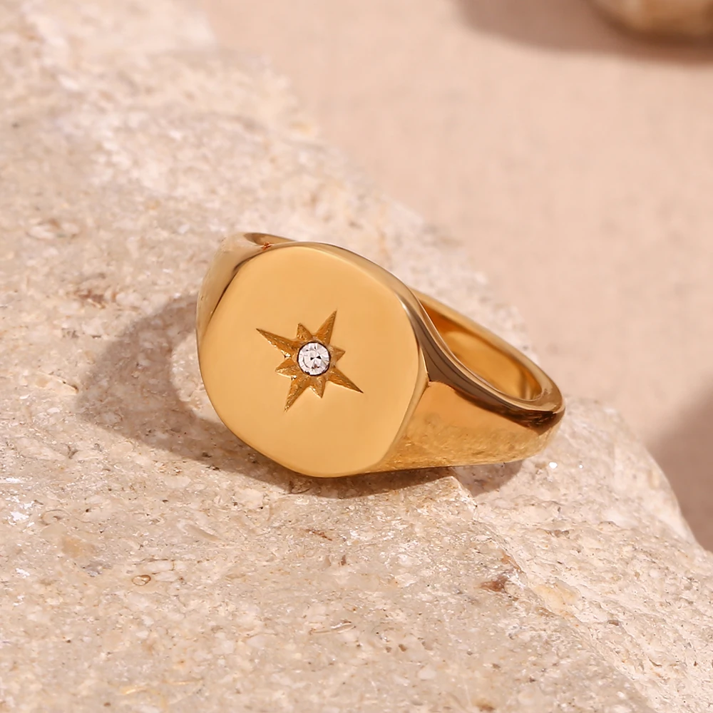 E.B.belle Aspect North Star Seal Ring Silver Color Waterproof 316L Stainless Steel Jewelry 18K Gold Plated Accessories