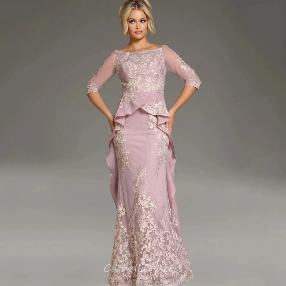 Vestido de madre de la novia personalizado, apliques de encaje de gasa, vestido Formal acampanado para mujer, bata de noche de sirena rosa Vintage
