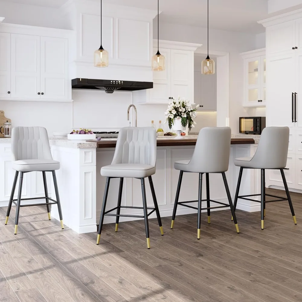 

Counter Height Bar Stools Set of 4,Modern Bar Stools Set of 4,Light Grey Faux Leather Barstools with Back and Footrest.