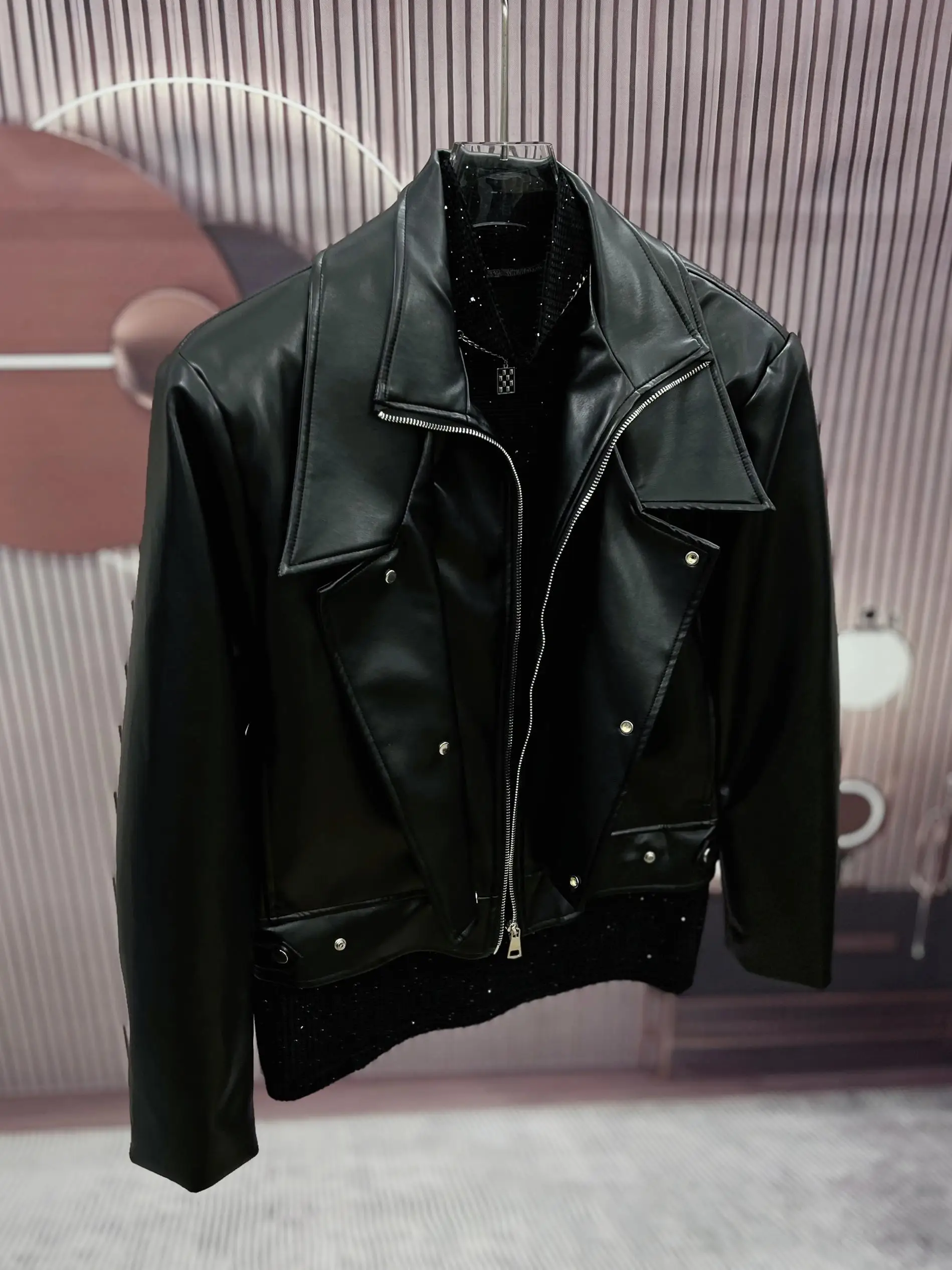 High-end Black Leather Jackets Men's 2024 Autumn Winter New Zipper Design Locomotive Coat Trendy Male Short Double Collar Jacket