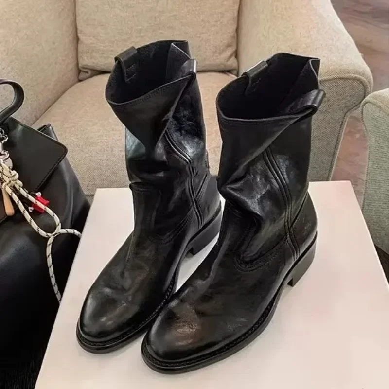 Neue Mode Stiefel für Frauen Frühling/Herbst Platz Ferse Weibliche Mitte Der Wade Stiefel Damen Slip-On Spitz WESTERN Stiefel Frauen