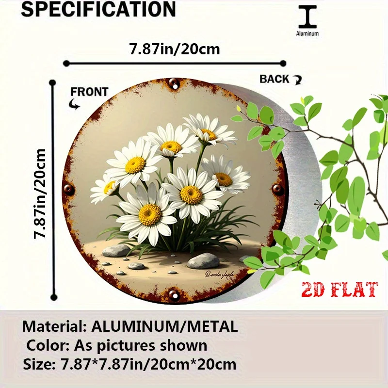 Round Sign Featuring a Whimsical 2D Flat Daisy Bouquet, Perfect for Adding a Playful Rustic Touch to Your Home, Garage, Dining