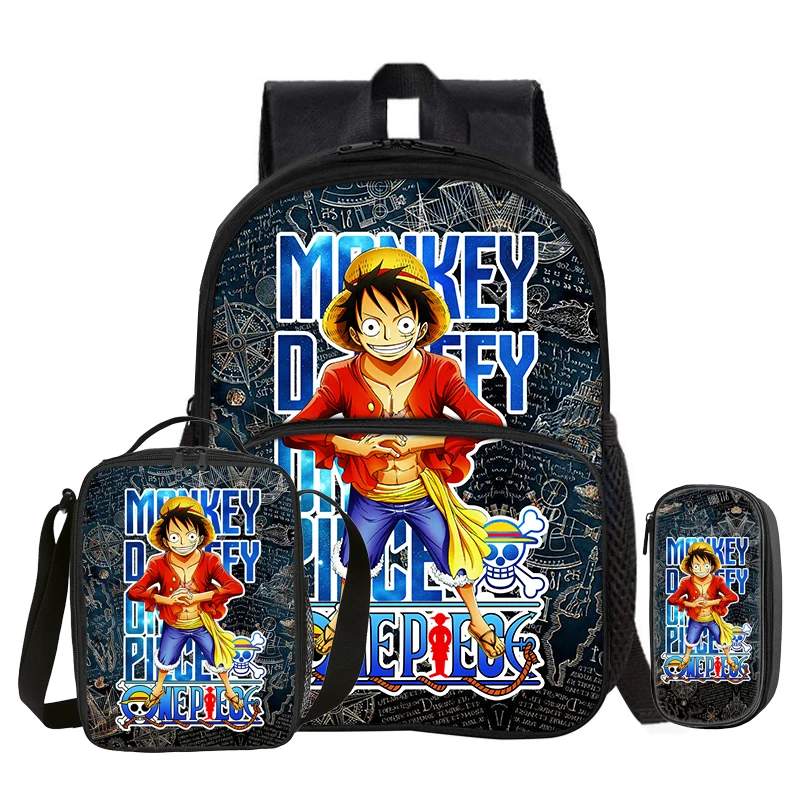 One piece Monkey D. Luffy 3 Pcs set with Front Pocket Backpack with Thermal Insulated Lunch Tote Purse Pencil Case